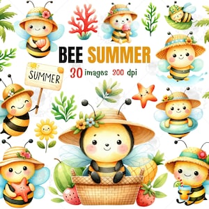 May include: A set of 30 digital illustrations featuring cute cartoon bees in various summer-themed scenes. The bees are wearing straw hats and sunglasses, and are depicted enjoying activities like swimming, sunbathing, and eating ice cream. The illustrations are perfect for adding a touch of whimsy to your summer projects.