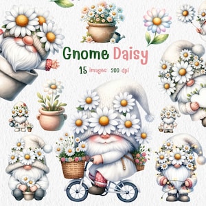 以下が含まれることがあります： デイジーの花冠をかぶったノームをフィーチャーした、15点のデジタルイラストのセット。ノームは、自転車に乗ったり、花かごを持ったり、鉢の中に立ったりと、さまざまなポーズで描かれています。イラストは、気まぐれなスタイルで、クラフトプロジェクト、スクラップブッキング、デジタルデザインに最適です。
