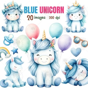 Blauwe Eenhoorn aquarel clipart, Unicorn babyshower, Fantasy clipart, Rainbow Unicorn, uitnodigingskaart, cadeaus voor baby, Unicorn shirt, jongen