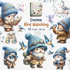 May include: A set of 17 digital illustrations featuring gnomes bird watching. The gnomes are wearing blue and brown clothing and hats. The illustrations include birds, a bird book, binoculars, and a backpack. The illustrations are in a cartoon style and are perfect for scrapbooking, card making, and other craft projects.