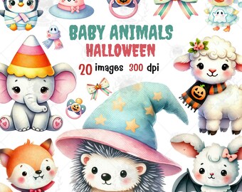 Halloween Baby Animals Watercolor Clipart, Nursery PNG (Digital Download)