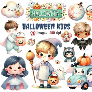 Halloween Kids Watercolor Clipart: Spooky PNG Images (300 DPI)