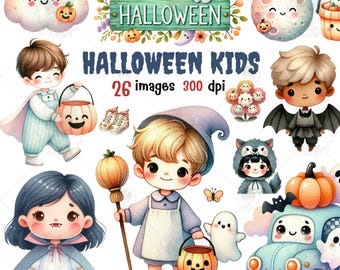 Halloween Kids Watercolor Clipart: Spooky PNG Images (300 DPI)