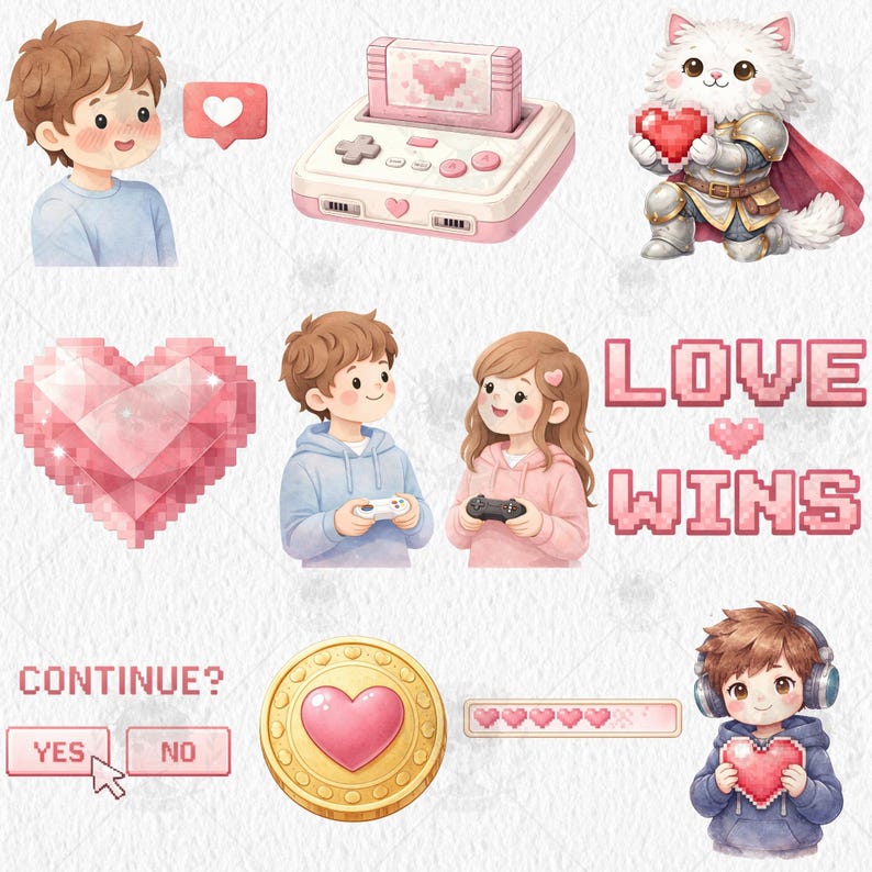 Retro Gamer Valentine Clipart PNG Bundle | Watercolor Pixel Heart ...