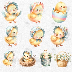 May include: Nine watercolor illustrations of cute baby chicks wearing bonnets. Some chicks are in nests, some are in buckets, and some are holding flowers. The illustrations are perfect for Easter crafts and decorations.