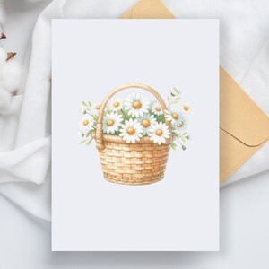 May include: A white wicker basket filled with white daisies with yellow centers. The basket has a woven handle and is sitting on a light blue background.