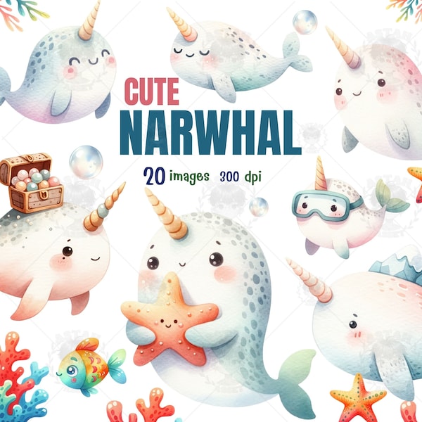 Narwhal baby shower ,Cute narwhal  ,watercolor clipart ,Undersea Clipart ,cute ocean clipart, animals for nursery, cute Png for kids ,Whale