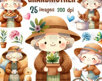 Grandmother Watercolor Clipart: 25 PNG Illustrations (PDF)