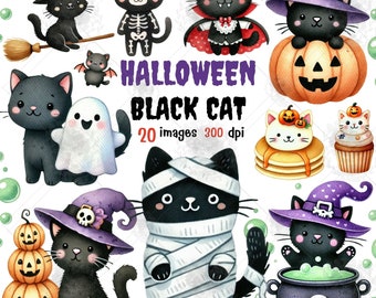 Halloween zwarte kat png, kat aquarel clipart, Halloween PNG, zwarte kat clipart, schattige Halloween, heks clipart, schattige kat clipart, schattige geest