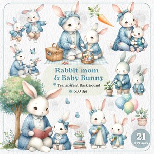 Cute Rabbit mom and baby bunny water color Clipart ,Mothers day  Animals ,png set,  rabbit  Character png, Spring ,sublimation ,Easter