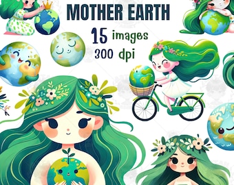 Mother Earth Watercolor Clipart: Earth Day PNG Images (Digital Download)