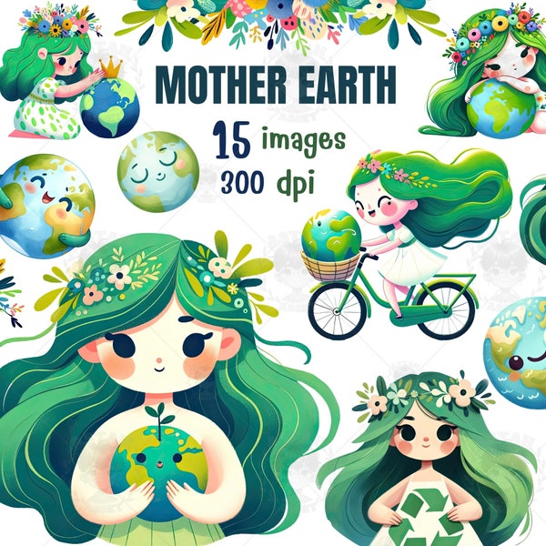 Earth Day, Mother Earth Watercolor Clipart, earth day kids, Eco-Friendly, Mother Nature art, Green Living, planets clipart, Mother Day, Gift