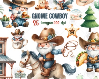 May include: A set of 25 digital illustrations featuring gnome cowboys. The illustrations include gnomes wearing cowboy hats, riding horses, holding lassoes, and eating tacos. There are also illustrations of cacti, a saloon, a star, and a tree.