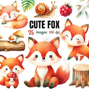 Cute Fox watercolor clipart, Fox PNG, Animals baby shower, Fox Nursery, Spring clipart, Fall clipart, Birthday clipart, forest clipart.