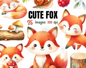 Cute Fox watercolor clipart, Fox PNG, Animals baby shower, Fox Nursery, Spring clipart, Fall clipart, Birthday clipart, forest clipart.