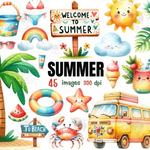 Sommer Aquarell Clipart, Sommer PNG, Reise Clipart, Ozean Clipart, Sommervibes, Urlaub Clipart, Sommer Strand Clipart, Kinderzimmer Clipart