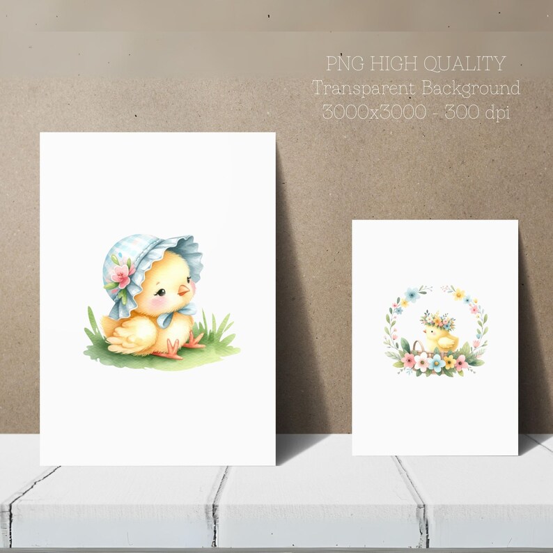 May include: Two watercolor illustrations of a yellow chick wearing a blue and white hat. The first image shows the chick sitting on a bed of green grass. The second image shows the chick wearing a flower crown and holding an egg in a wreath of flowers.