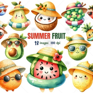 Summer fruit watercolor clipart, Kawaii fruit clipart, Cute food clipart, Summer time PNG ,Summer t-shirt, Summer kids PNG, Holidays clipart
