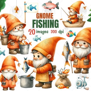 Watercolor Gnome Fishing Clipart: Summer Garden Gnomes (PNG, PDF)