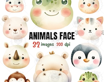 Aquarel dierengezicht clipart: babyshower en babyshower (pdf)