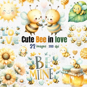 Cute Bee in love water color Clipart ,Valentine Animals decor,png set, Honey Bee with Flower Character png, Spring clipart ,sublimation