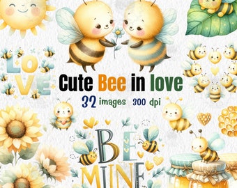 Cute Bee in love water color Clipart ,Valentine Animals decor,png set, Honey Bee with Flower Character png, Spring clipart ,sublimation
