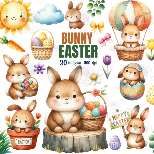 Easter Bunny Watercolor Clipart , Easter Eggs, Cute Rabbit clipart, Nursery Spring Clipart, Spring Bunnies Clipart, Commercial Use