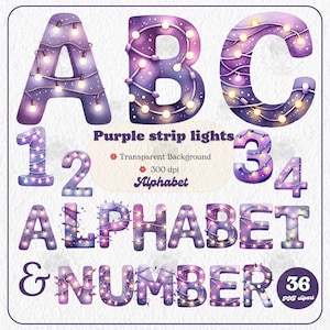 Alfabeto de luces de tira moradas de acuarela, letra del alfabeto de fiesta, alfabeto PNG, para alfabeto de letras y números, tarjeta de invitación, Año Nuevo, San Valentín