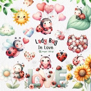 Clipart di una coccinella innamorata, acquerello, decorazioni di San Valentino con animali, set di PNG, personaggio di coccinella con fiore, clipart di primavera, sublimazione