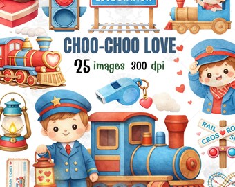 Watercolor Train Valentine Clipart Bundle | Choo Choo Choose You Sublimation PNG | Cute Toddler Boy Locomotive Graphics for School Cards