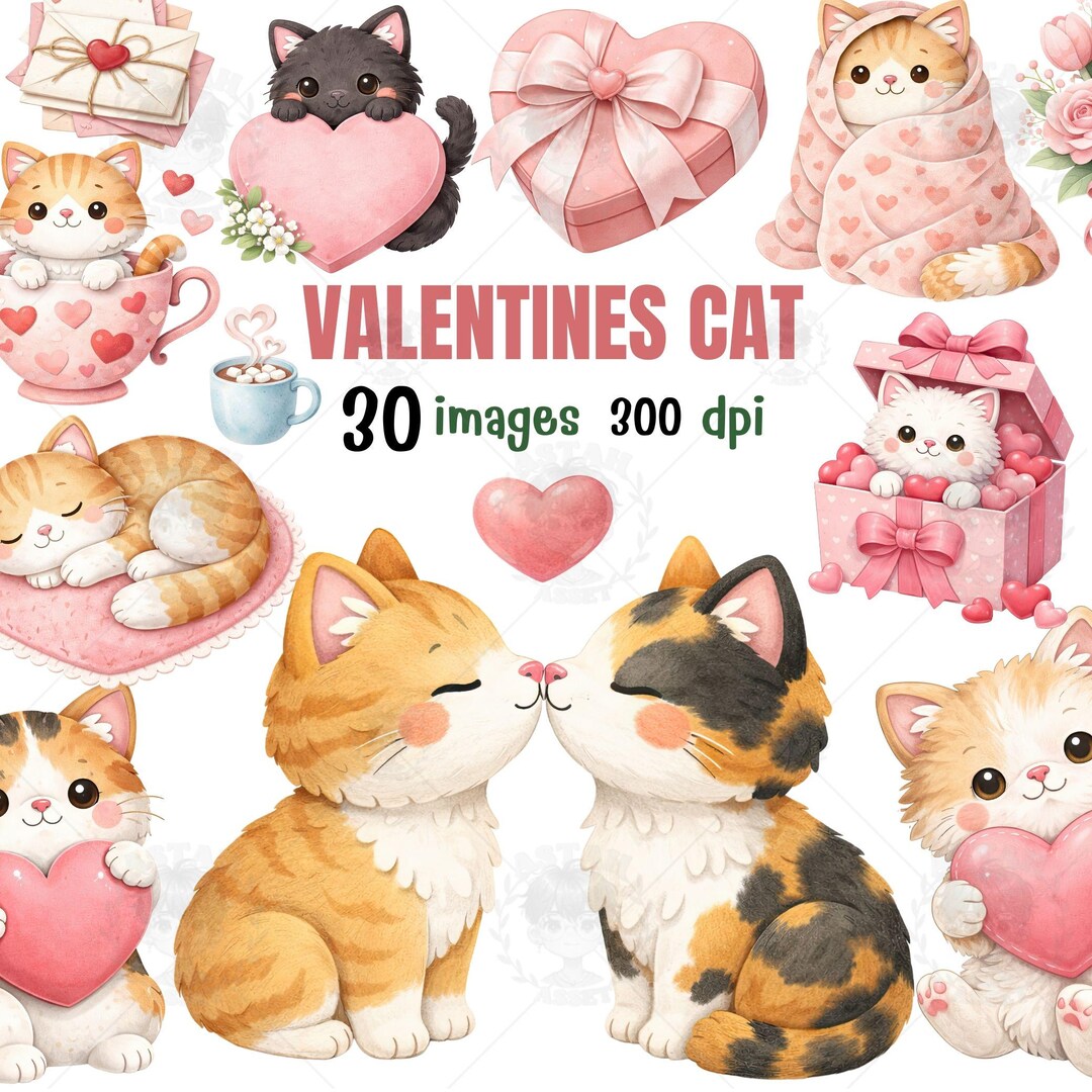 Valentine Cat Clipart PNG Bundle | Watercolor Kitten Sublimation | Cute ...