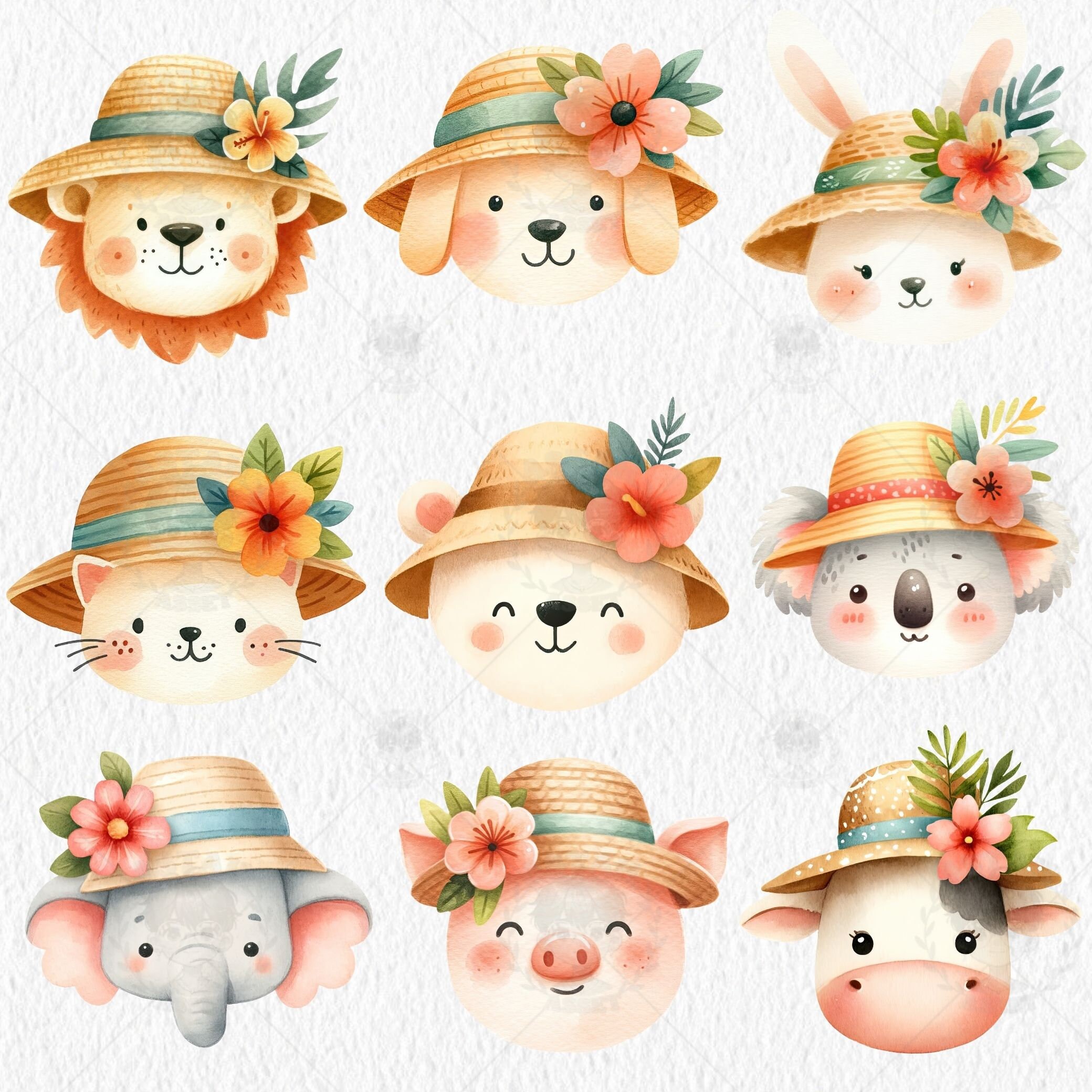 Summer Animals Clipart, Summer Watercolor Clipart, Hello Summer PNG