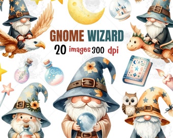 Watercolor Gnome Wizard Clipart: Magic Fantasy PNG (Digital Download)