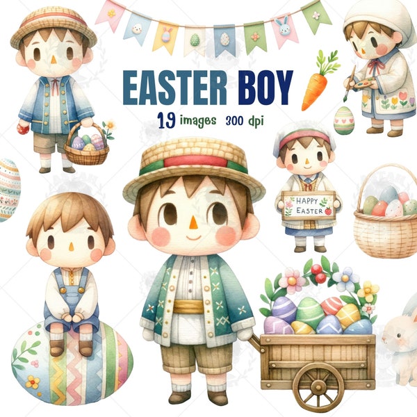 Cute Boy easter, Watercolor clipart ,child easter gift, happy easter Png, Kids spring ,Easter egg clipart ,easter Sunday school, holidays