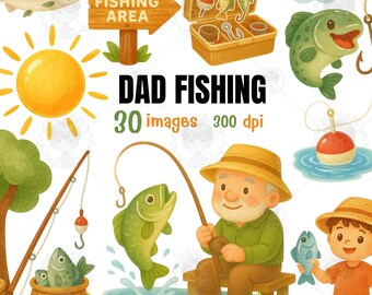 Dad Fishing Watercolor Clipart: Grandpa & Kids PNG (Digital Download, Commercial Use OK
