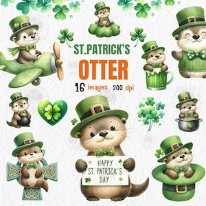 May include: A set of 16 digital illustrations featuring cute otters dressed in green shamrock hats and holding various St. Patrick's Day themed items. The illustrations are perfect for creating festive crafts, cards, and digital designs.