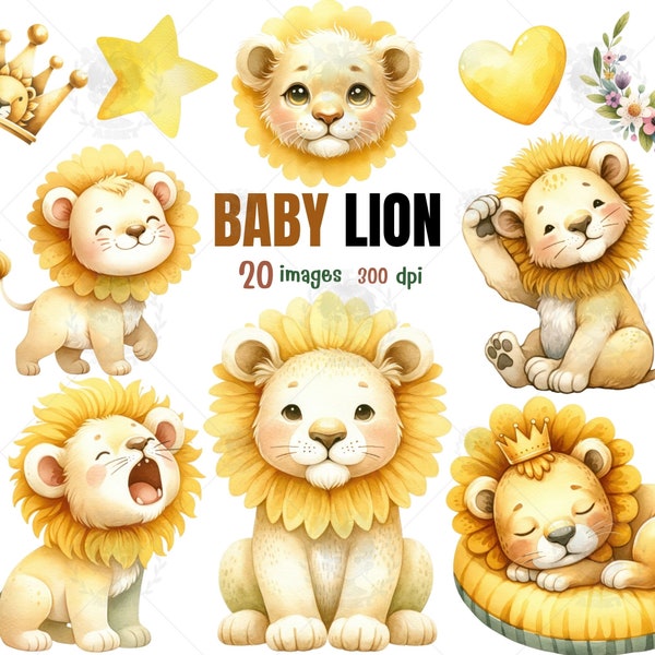 Bebé León acuarela clipart, lindo baby shower de león, animales bebés PNG, bebé Safari, nuevo regalo de bebé, decoración de la habitación de los niños, arte de la pared del león