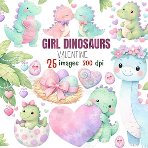 Op de afbeelding: Een verzameling aquarel illustraties met schattige dinosaurusmeisjes in pastelkleuren. De afbeeldingen bevatten dinosaurussen die harten vasthouden, kussen en versierde eieren. Tekst luidt "GIRL DINOSAURS VALENTINE 25 images 300 dpi."