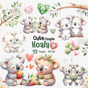 Clipart di una coppia di koala carini, decorazioni con animali di San Valentino, set di PNG, personaggio di koala, decorazioni d'amore, matrimonio, bambino, safari