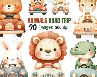 Animal Road Trip Watercolor Clipart, Baby Animals in Cars (PDF)