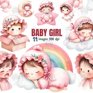 Niña rosa, Clipart de acuarela, Baby shower PNG, Regalos para bebé, Regalo de cumpleaños para bebé, Decoración de la habitación de la guardería, invitación al baby shower, Día de la madre