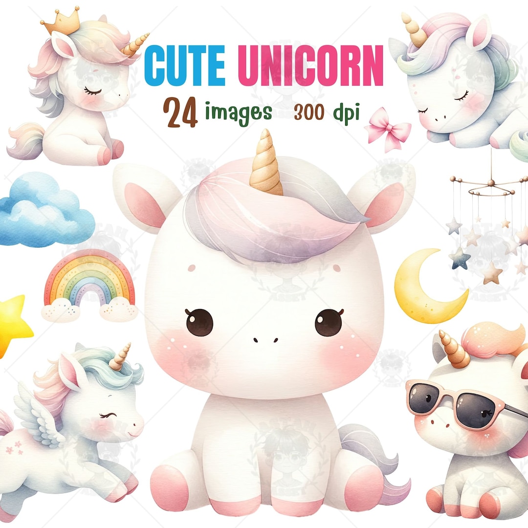 Cute Unicorn Watercolor Clipart, Unicorn Baby Shower Clipart, Fantasy ...