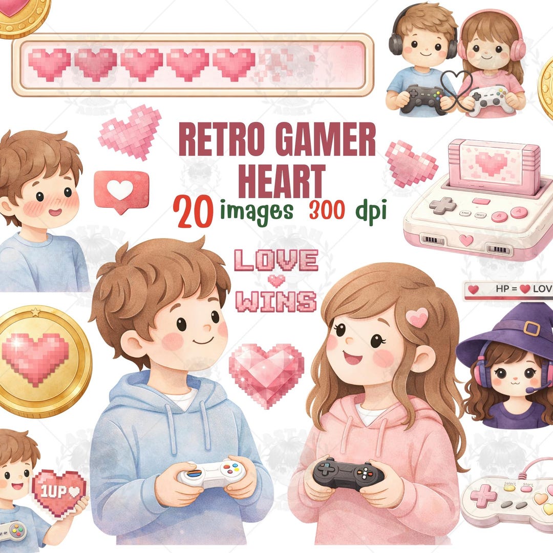 Retro Gamer Valentine Clipart PNG Bundle | Watercolor Pixel Heart ...