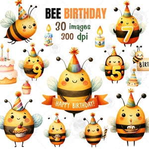 Biene Geburtstag Aquarell Clipart, süße Biene Clipart, Hummel Clipart, Bienen Party, Honigbienen, alles Gute zum Geburtstag, Geburtstagseinladung, PNG