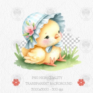 May include: A watercolor illustration of a yellow chick wearing a blue and white gingham hat with a pink flower. The chick is sitting on a bed of green grass.