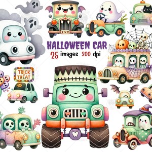 May include: A set of 25 digital illustrations of Halloween-themed cars. The cars are decorated with ghosts, pumpkins, skeletons, and other spooky elements. The illustrations are in a cartoon style and are perfect for use in digital scrapbooking, card making, and other creative projects.