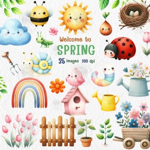 Happy spring ,water color clipart, spring png , Spring garden ,animals ,lady bug, flower ,seasonal activities ,nursery decor