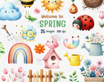 Happy spring ,water color clipart, spring png , Spring garden ,animals ,lady bug, flower ,seasonal activities ,nursery decor