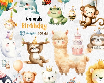 Cute Animals Birthday water color Clipart ,Birthday   Animals ,png set,Animals Character png, party,Woodland ,sublimation ,Baby shower ,kid