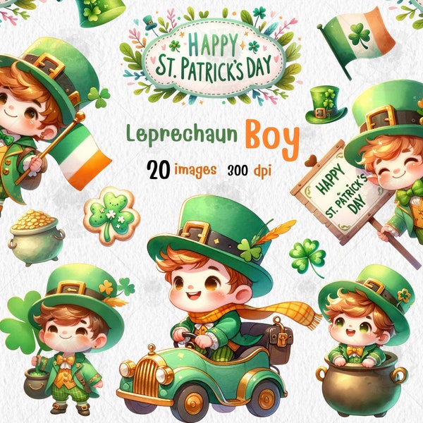 Cute Leprechaun Boy. ST Patrick's Day Clipart, watercolor , Shamrock Clipart, Clovers , Hand-Drawn Irish Festive PNG, Pot of Gold,  Lucky